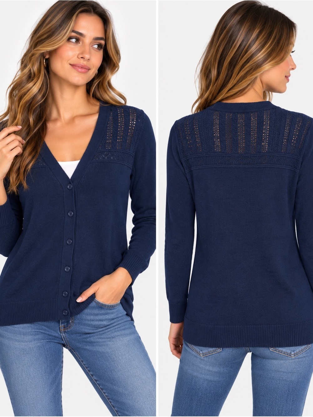 Grace Karin Navy Blue Lace Knit Button Front Cardigan Sweater M